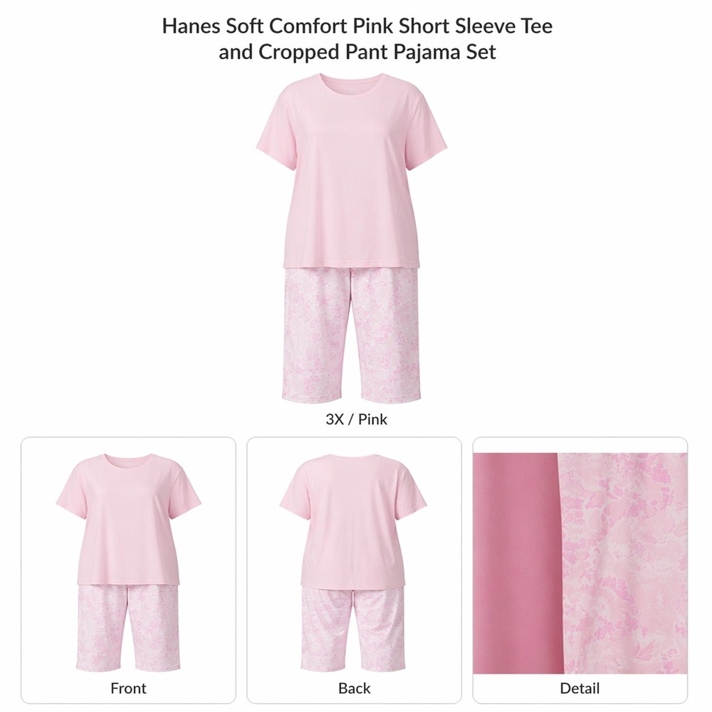 Hanes Soft Comfort Pink Short Sleeve Tee and Cropped Pant Pajama Set 3X A399295‎